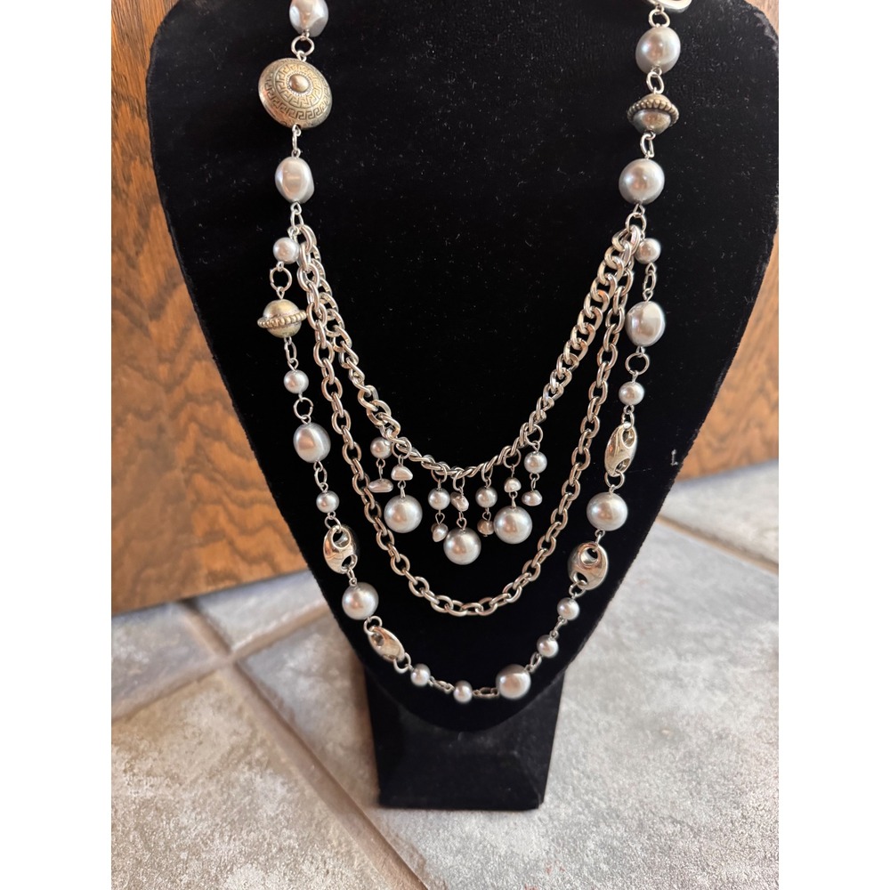 Vintage Multi Strand Faux Pearl Chain Statement Necklace Ribbon Tie Silver Tone